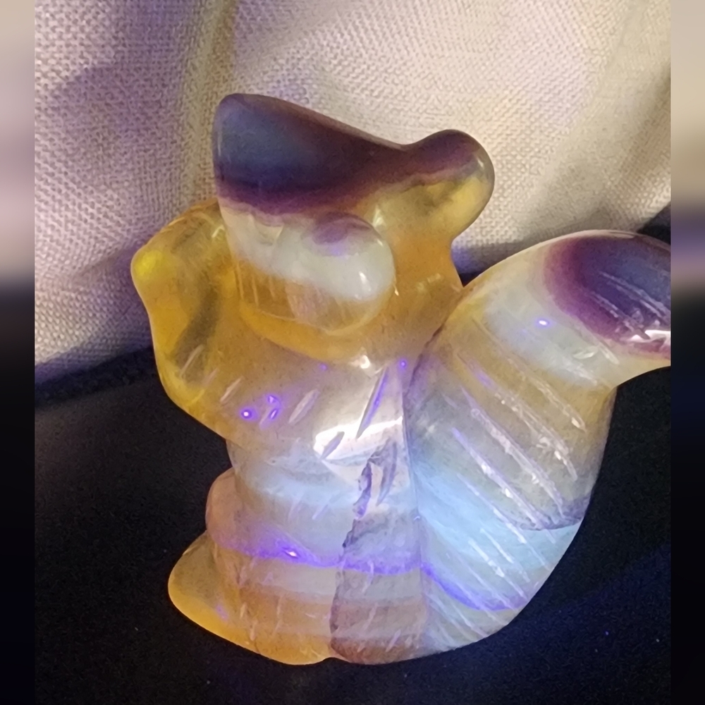 320 Gram Yellow And Purple Natural Flourite Squirrel Carving - Picture 3 of 4